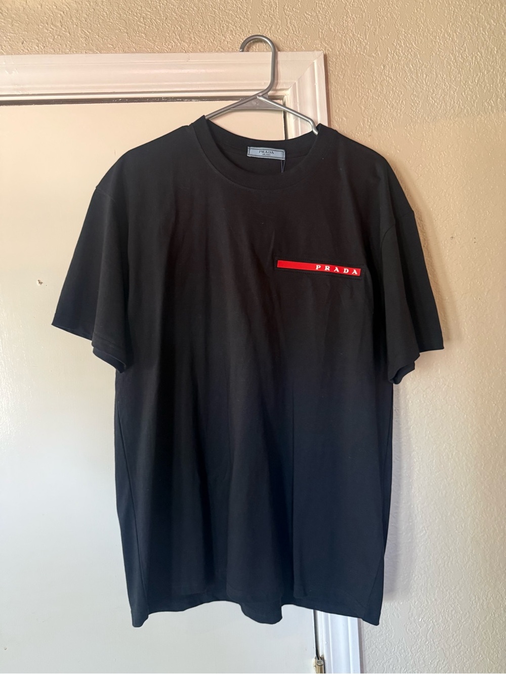 Prada Black Short Sleeve Tee with Red Logo Stripe